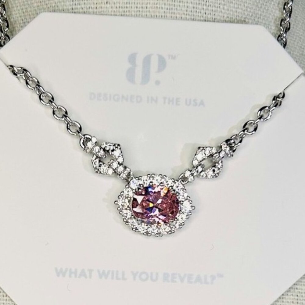 Bomb Party Pink Rose Quartz Necklace on Rhodium New NK86572